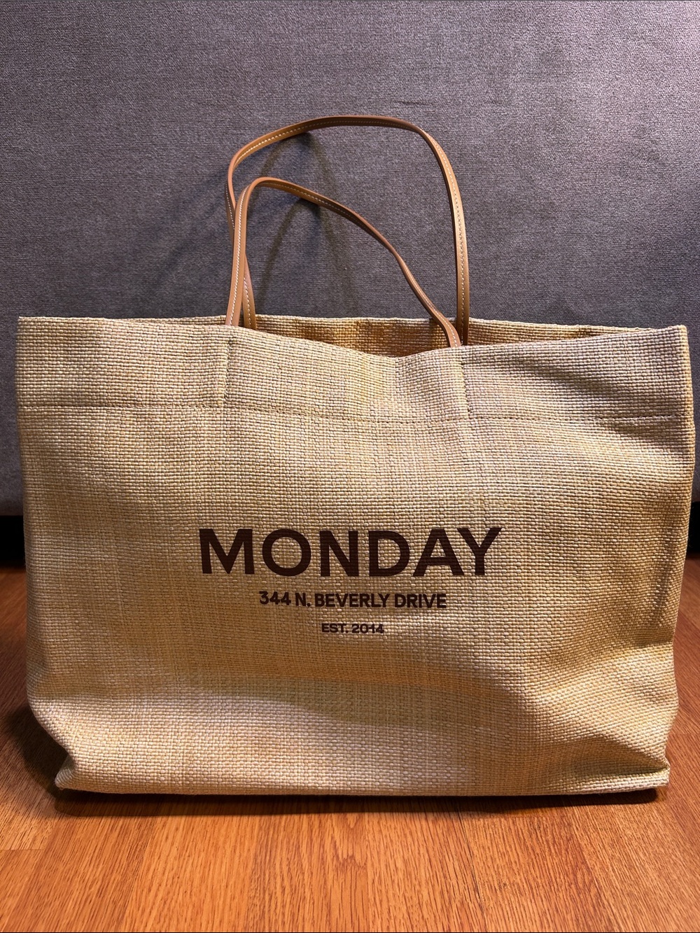 MONDAY Natural Jute Tote Bag with Brown Handles